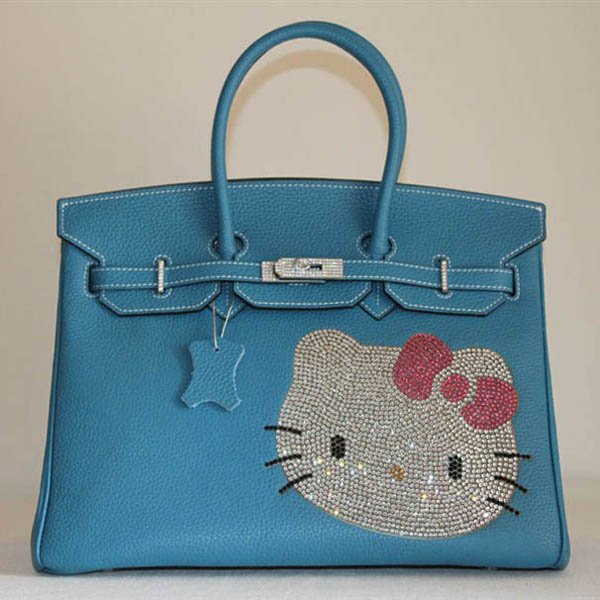 High Quality Fake Hermes Birkin Hello Kitty 35CM Togo Leather Bag Blue HK0001 (3)